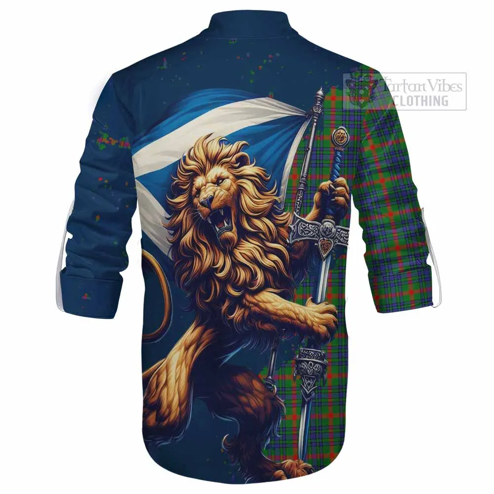 Aiton Tartan Family Crest Ghillie Kilt Shirt with Scottish Majestic Lion