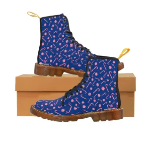 Blue Candy Cane Women's Boots, Best Red Candy Cane Christmas Winter Boots For Women