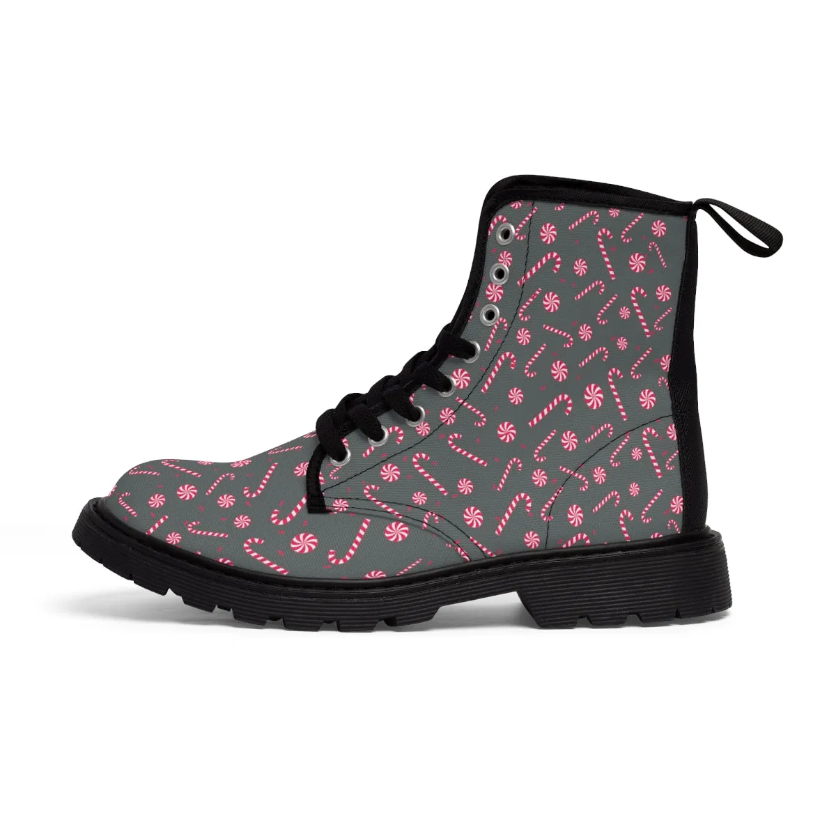 Grey Candy Cane Women's Boots, Best Red Candy Cane Christmas Winter Boots For Women