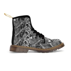 Grey Snake Women's Canvas Boots, Best Snake Reptile Print Best Winter Combat Boots For Ladies