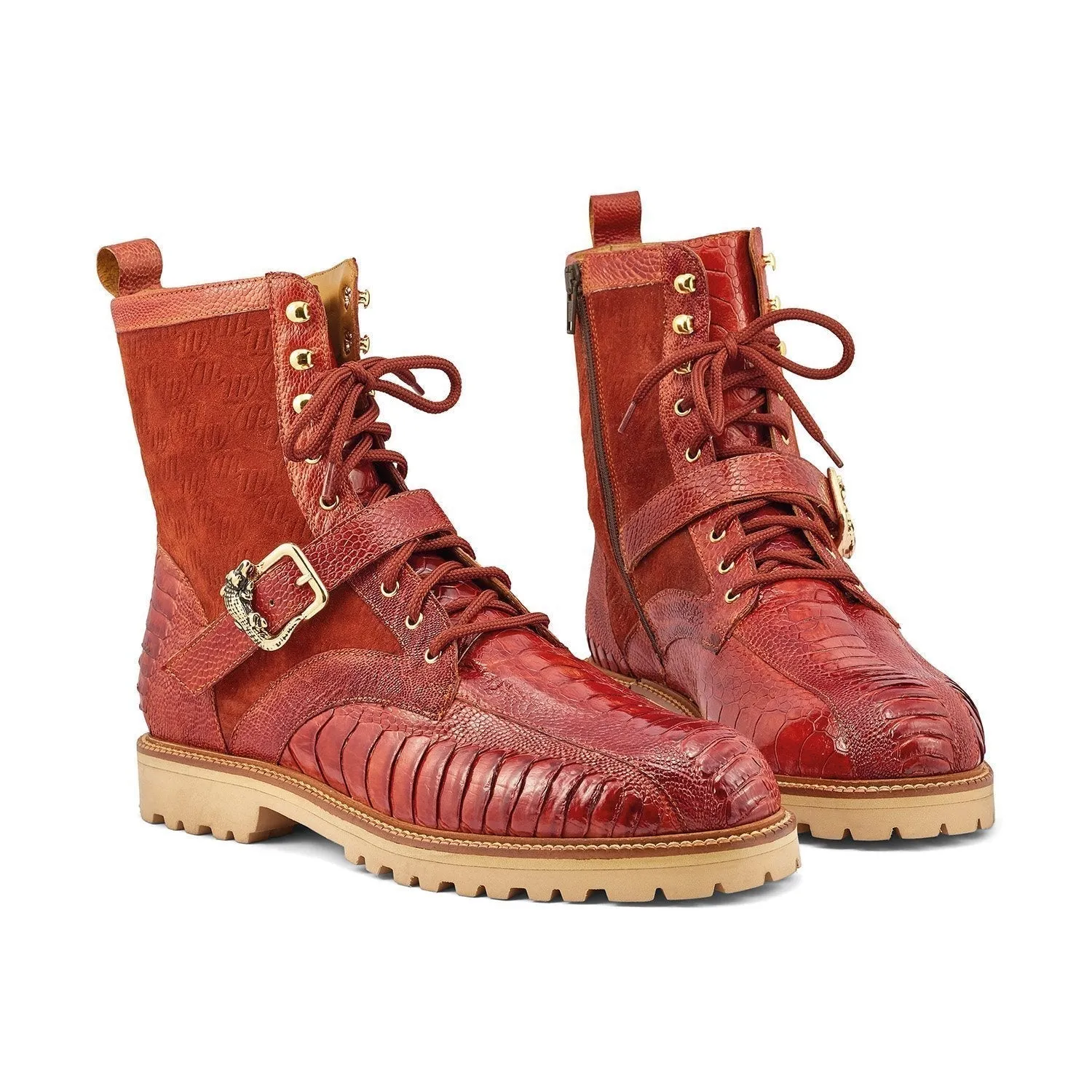 Mauri 4997 Soldier Men's Shoes Gold Exotic Ostrich Leg / Suede Leather Hiking Boots (MA5383)