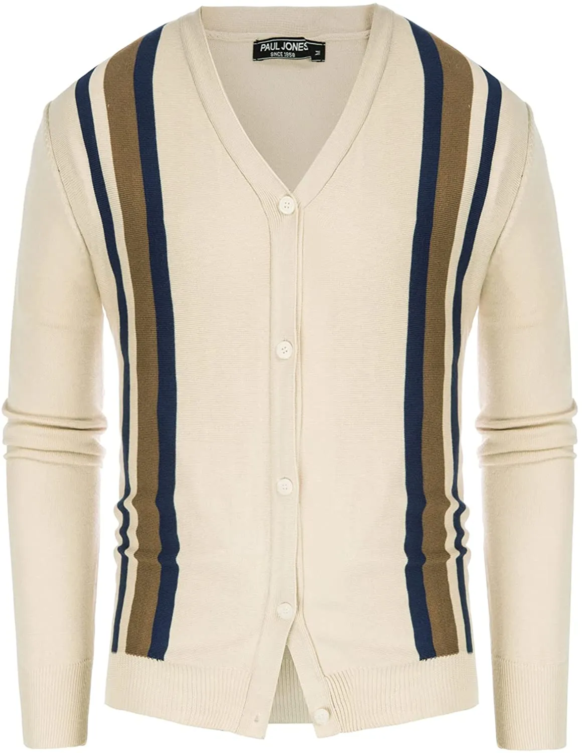 Men's Nude-long Sleeve Vintage Stripes Cardigan Sweater Button Down V-Neck Knitwear