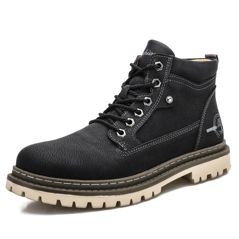 New Leather Ankle Motorcycle Boots Men Sneakers Winter Warm Plush Casual Shoes Comfort Footwear Chaussure Booties Plus Size39-48