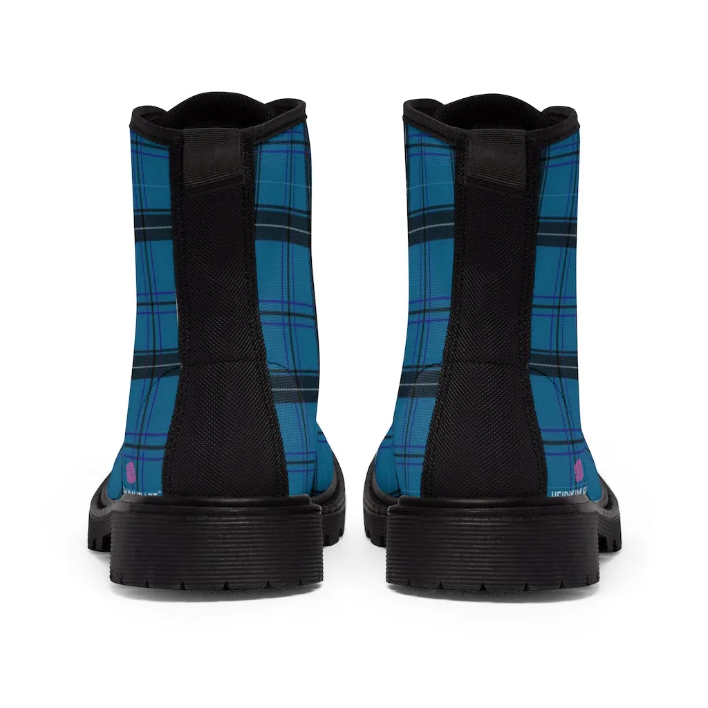 Royal Blue Plaid Winter Boots, Tartan Scottish Style Plaid Print Canvas Boots For Women (US Size 6.5-11)
